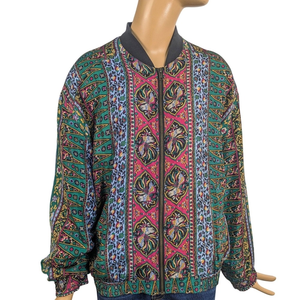 Silk‎ Club Vintage Paisley Floral Print Silk Bomber Jacket Zip Up Sz S